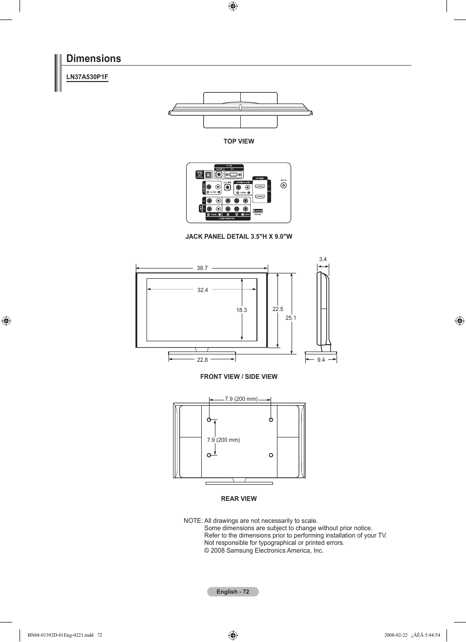 Dimensions | Samsung LN40A530P1FXZA User Manual | Page 74 / 161