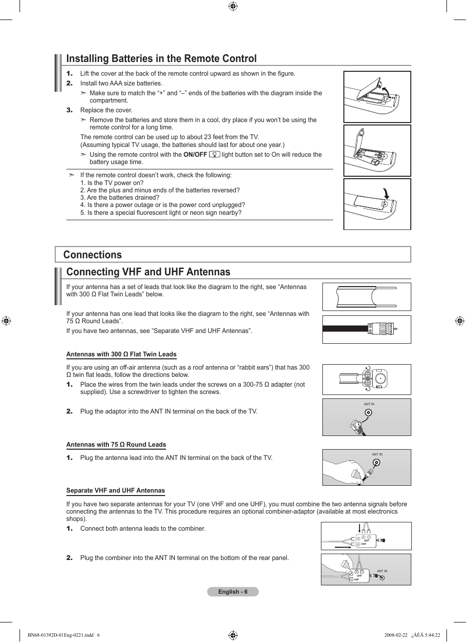 Installing batteries in the remote control, Connections, Connecting vhf and uhf antennas | Samsung LN40A530P1FXZA User Manual | Page 8 / 161