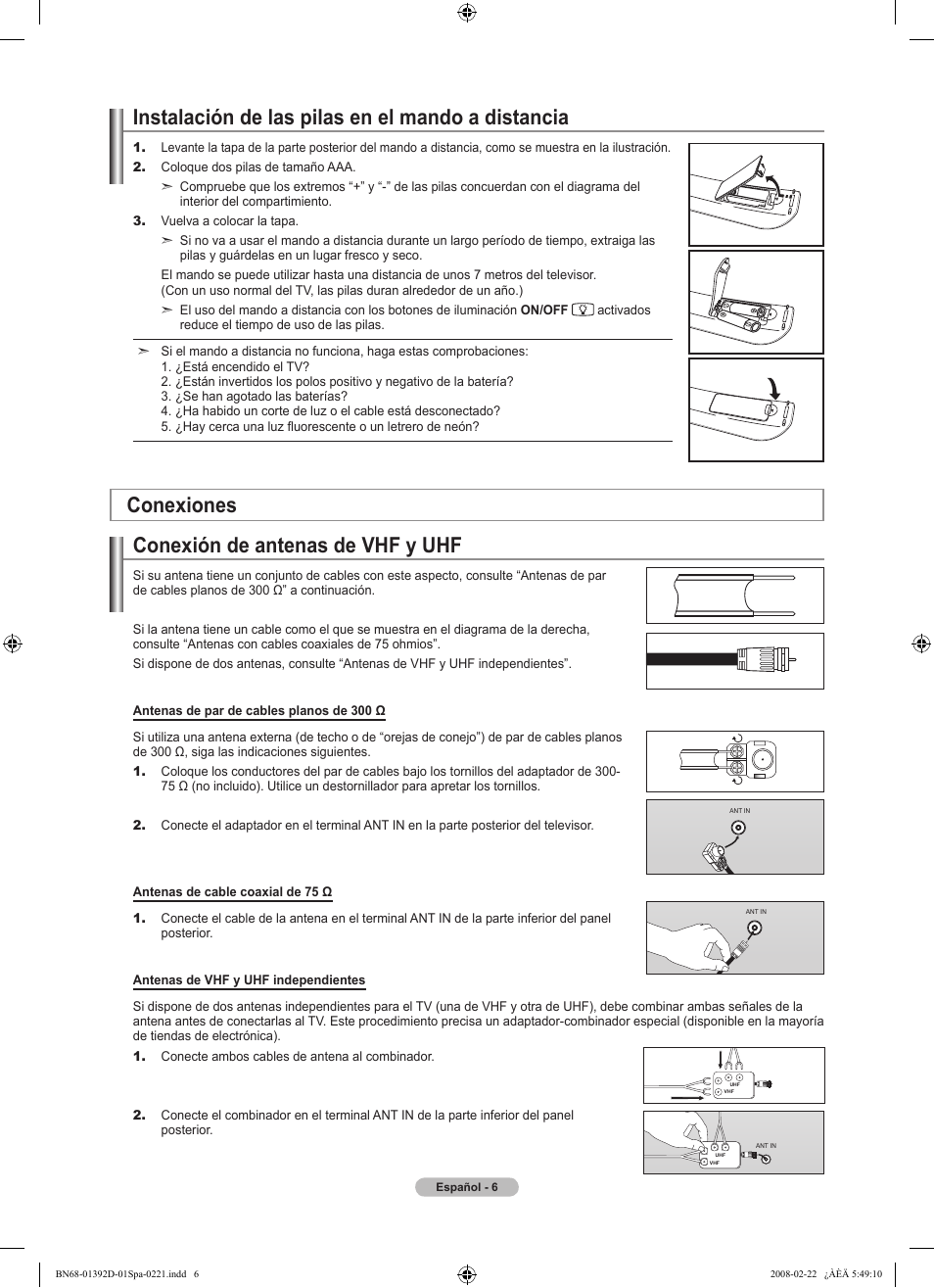 Instalación de las pilas en el mando a distancia, Conexión de antenas de vhf y uhf, Conexiones | Samsung LN40A530P1FXZA User Manual | Page 92 / 161