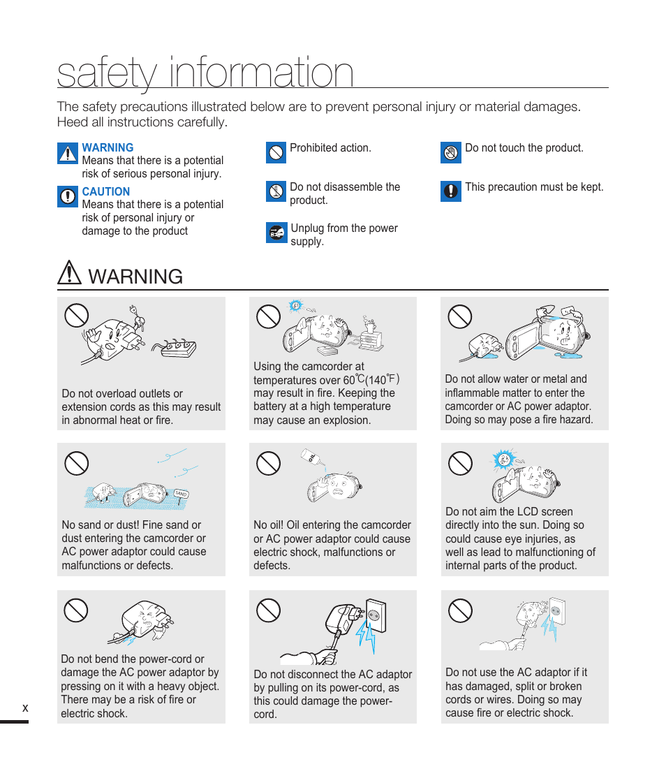 Safety information, Warning | Samsung SMX-F40RN-XAA User Manual | Page 10 / 131