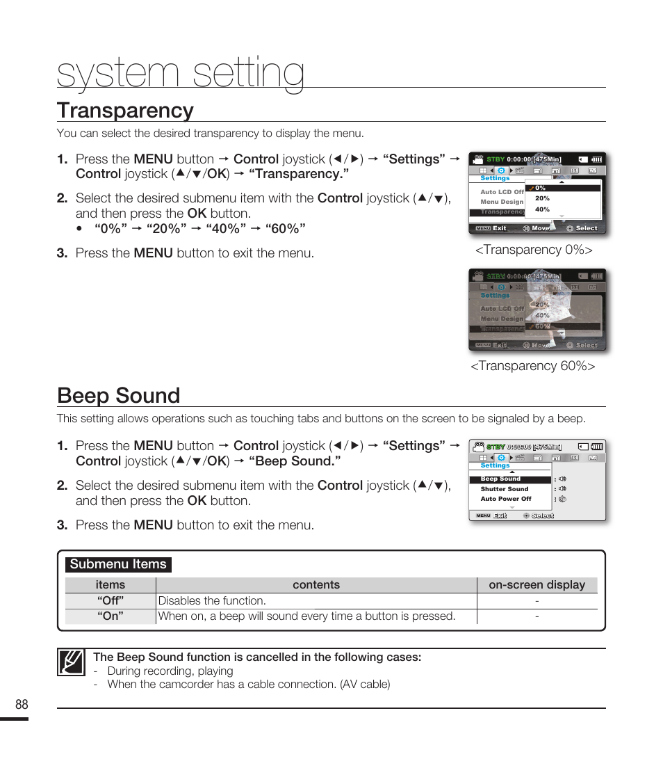 Transparency, Beep sound, System setting | Submenu items | Samsung SMX-F40RN-XAA User Manual | Page 100 / 131