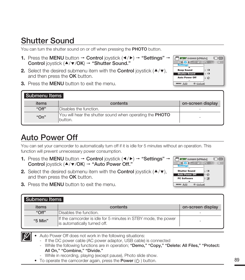 Shutter sound, Auto power off | Samsung SMX-F40RN-XAA User Manual | Page 101 / 131