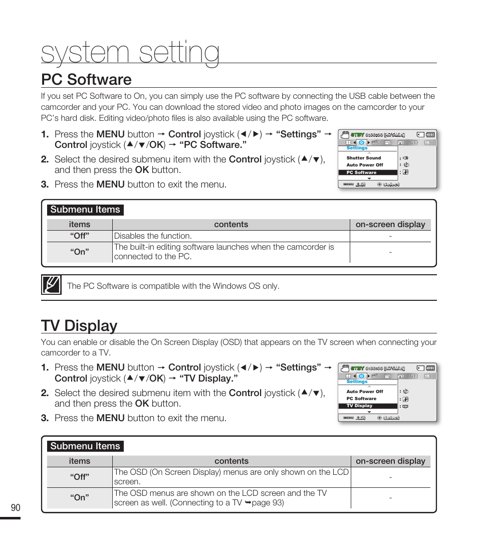 Pc software, Tv display, System setting | Samsung SMX-F40RN-XAA User Manual | Page 102 / 131