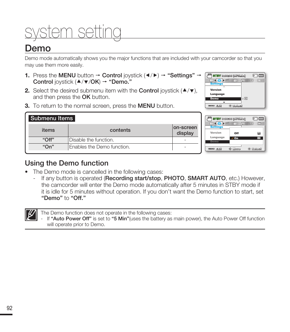 Demo, System setting, Using the demo function | Samsung SMX-F40RN-XAA User Manual | Page 104 / 131