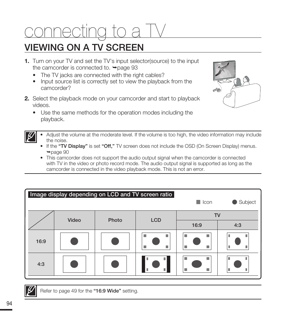 Viewing on a tv screen, Connecting to a tv, Image display depending on lcd and tv screen ratio | Icon, Subject | Samsung SMX-F40RN-XAA User Manual | Page 106 / 131