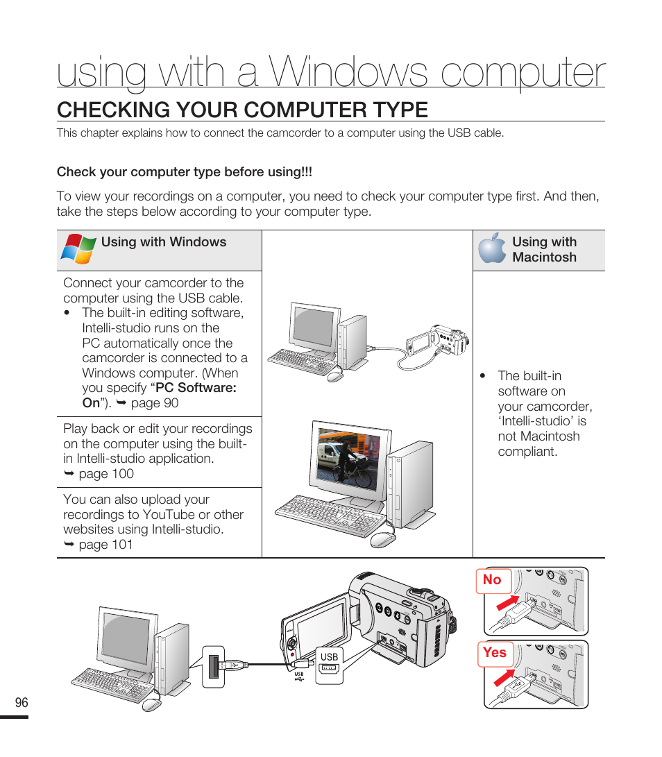 Using with a windows computer, Checking your computer type, No yes | Samsung SMX-F40RN-XAA User Manual | Page 108 / 131