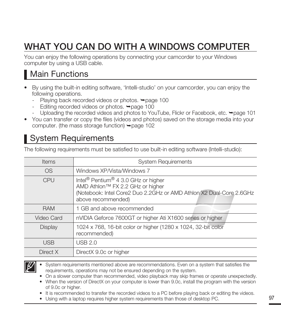 What you can do with a windows computer, Main functions, System requirements | Samsung SMX-F40RN-XAA User Manual | Page 109 / 131