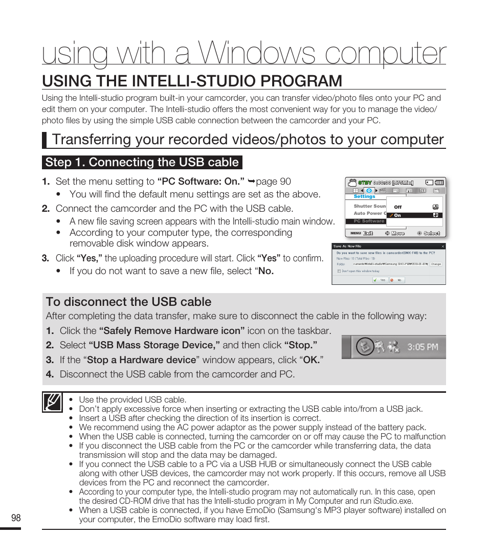 Using the intelli-studio program, Using with a windows computer, Step 1. connecting the usb cable | Samsung SMX-F40RN-XAA User Manual | Page 110 / 131