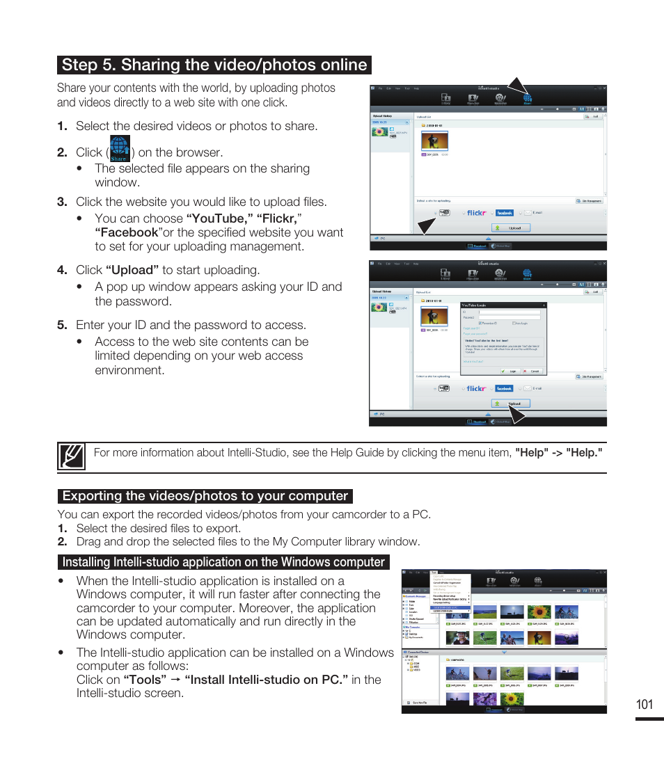 Step 5. sharing the video/photos online | Samsung SMX-F40RN-XAA User Manual | Page 113 / 131