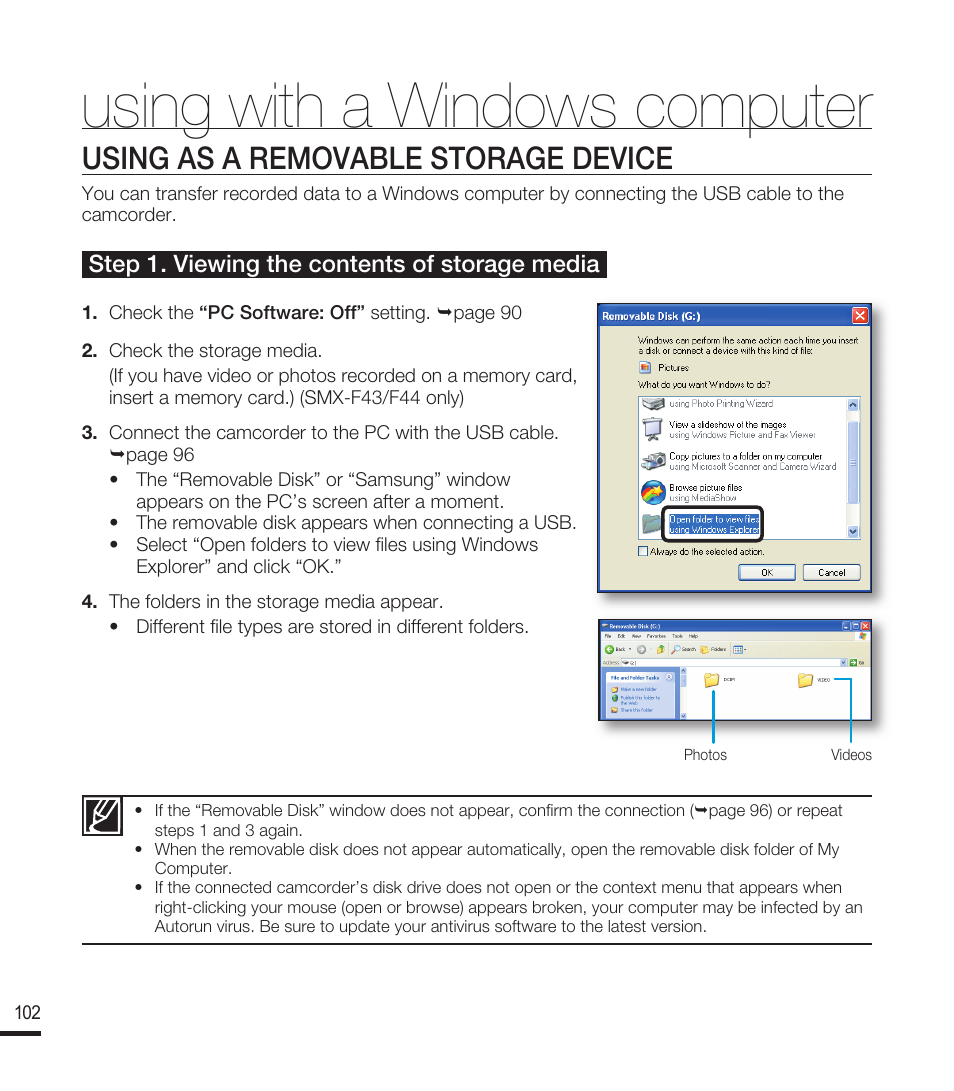 Using as a removable storage device, Using with a windows computer, Step 1. viewing the contents of storage media | Samsung SMX-F40RN-XAA User Manual | Page 114 / 131