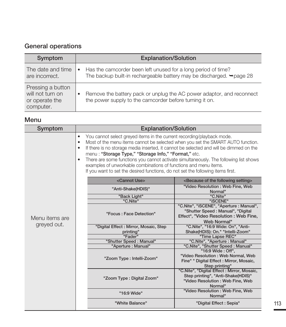 General operations, Menu | Samsung SMX-F40RN-XAA User Manual | Page 125 / 131