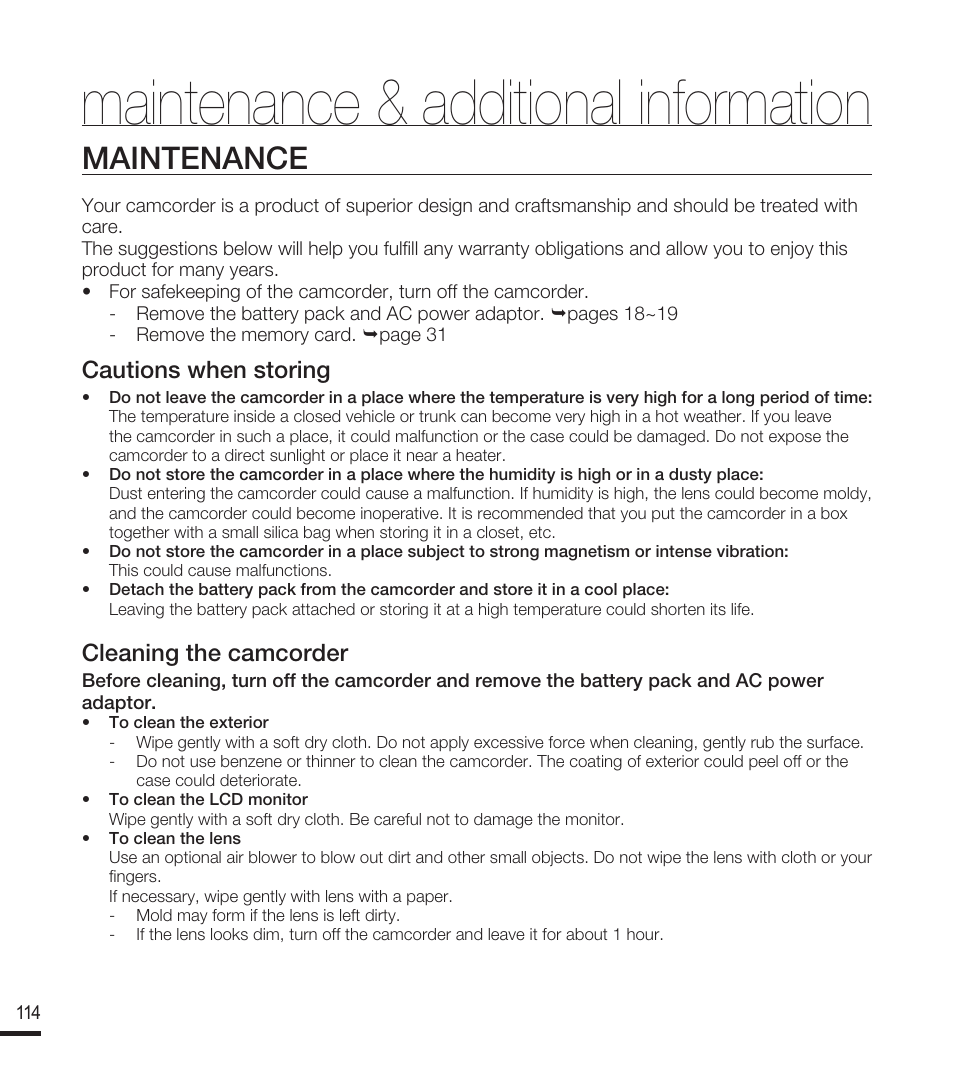 Maintenance & additional information, Maintenance, Cautions when storing | Cleaning the camcorder | Samsung SMX-F40RN-XAA User Manual | Page 126 / 131