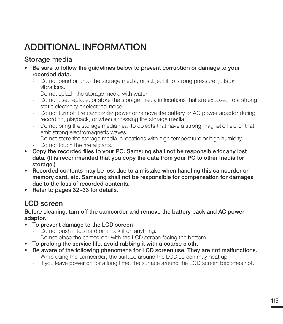 Additional information, Storage media, Lcd screen | Samsung SMX-F40RN-XAA User Manual | Page 127 / 131