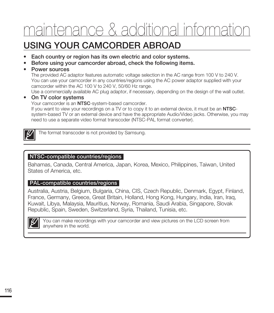 Using your camcorder abroad, Maintenance & additional information | Samsung SMX-F40RN-XAA User Manual | Page 128 / 131