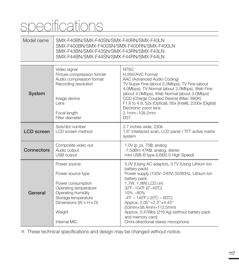 Specifications | Samsung SMX-F40RN-XAA User Manual | Page 129 / 131