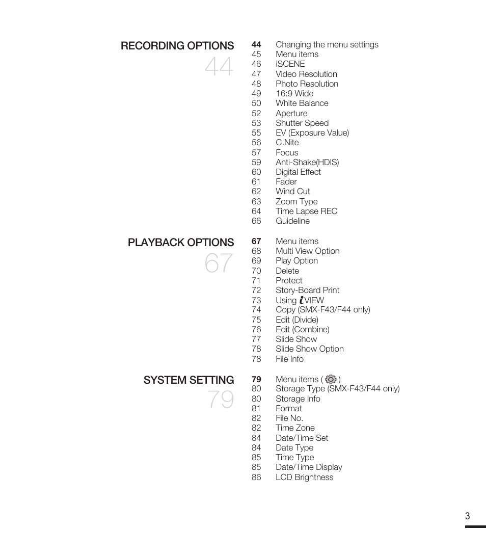 Recording options, Playback options, System setting | Samsung SMX-F40RN-XAA User Manual | Page 15 / 131