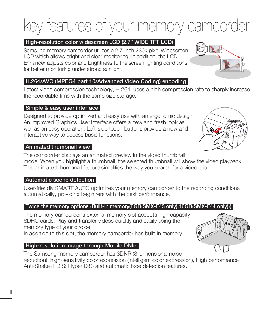 Key features of your memory camcorder | Samsung SMX-F40RN-XAA User Manual | Page 2 / 131