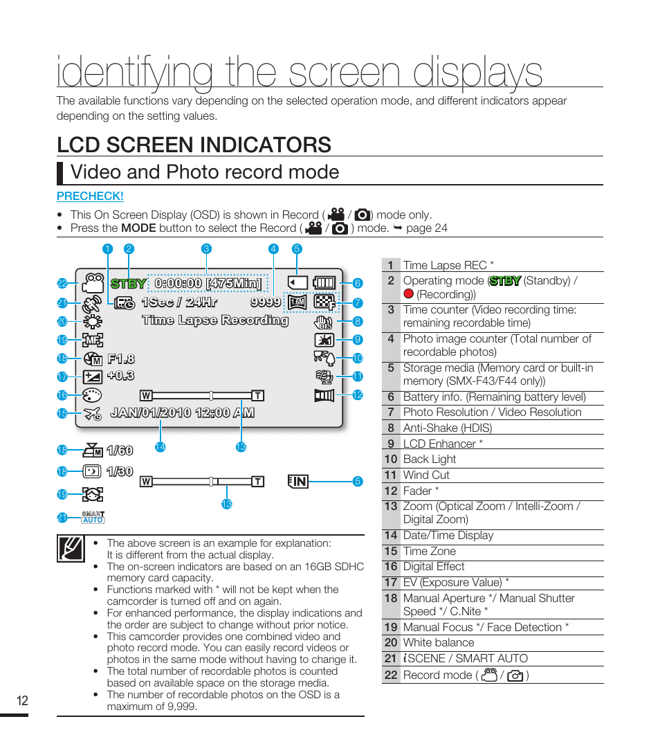 Identifying the screen displays, Lcd screen indicators, Video and photo record mode | Samsung SMX-F40RN-XAA User Manual | Page 24 / 131