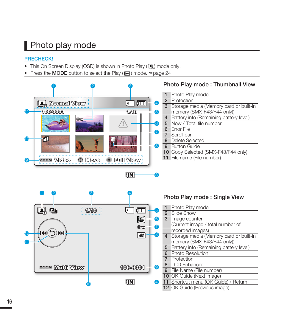 Photo play mode, 16 photo play mode : single view, Photo play mode : thumbnail view | Samsung SMX-F40RN-XAA User Manual | Page 28 / 131