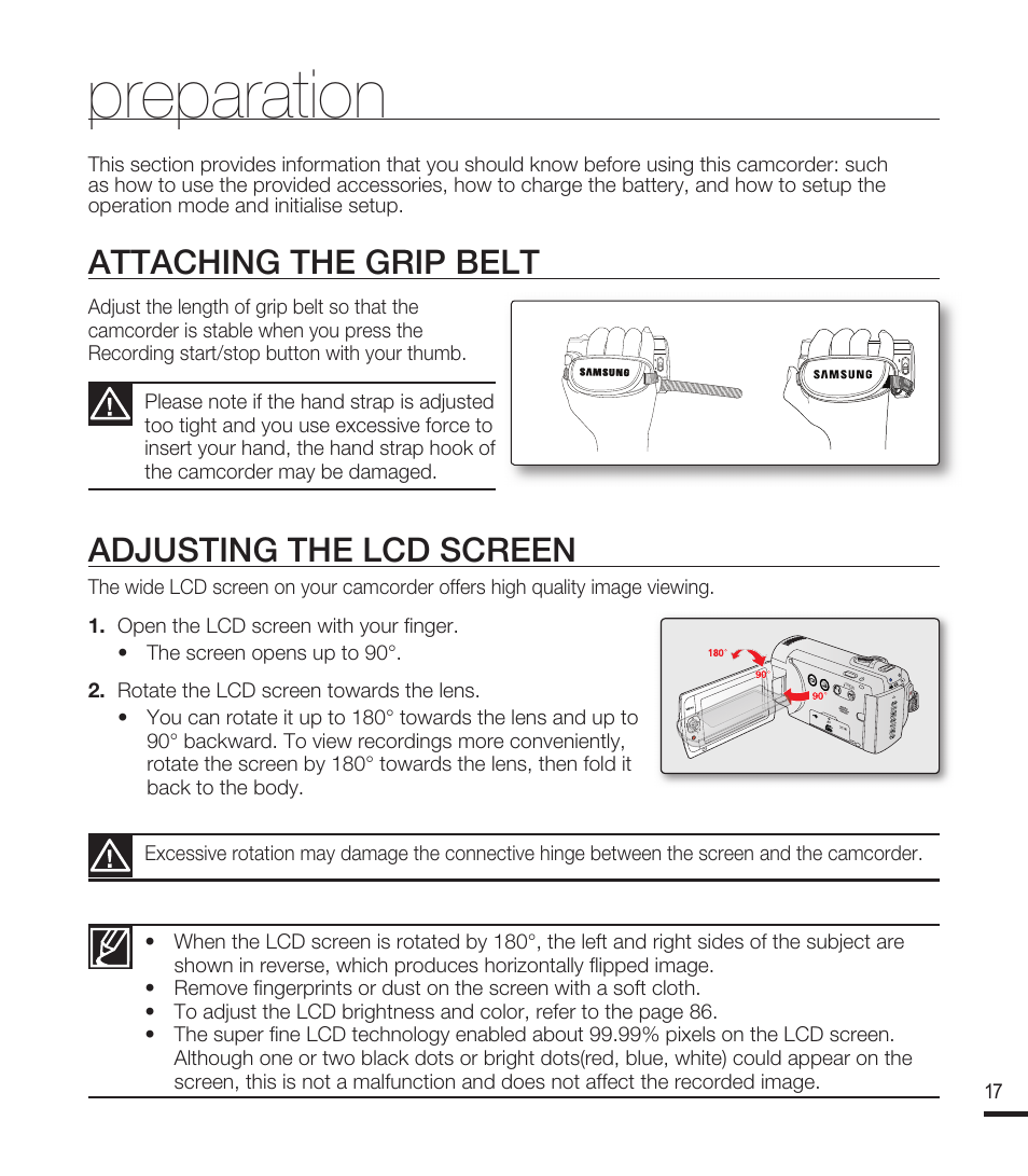 Preparation, Attaching the grip belt, Adjusting the lcd screen | Samsung SMX-F40RN-XAA User Manual | Page 29 / 131