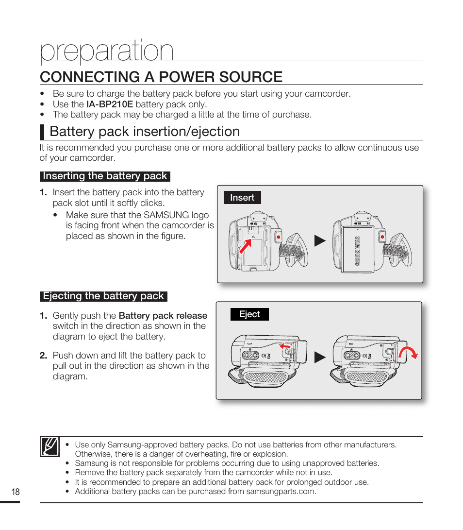 Connecting a power source, Preparation, Battery pack insertion/ejection | Samsung SMX-F40RN-XAA User Manual | Page 30 / 131