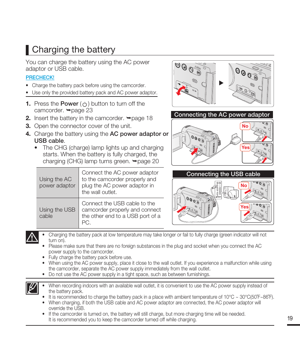 Charging the battery | Samsung SMX-F40RN-XAA User Manual | Page 31 / 131