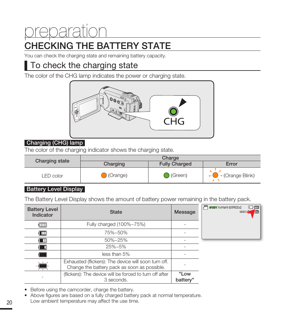 Checking the battery state, Preparation | Samsung SMX-F40RN-XAA User Manual | Page 32 / 131