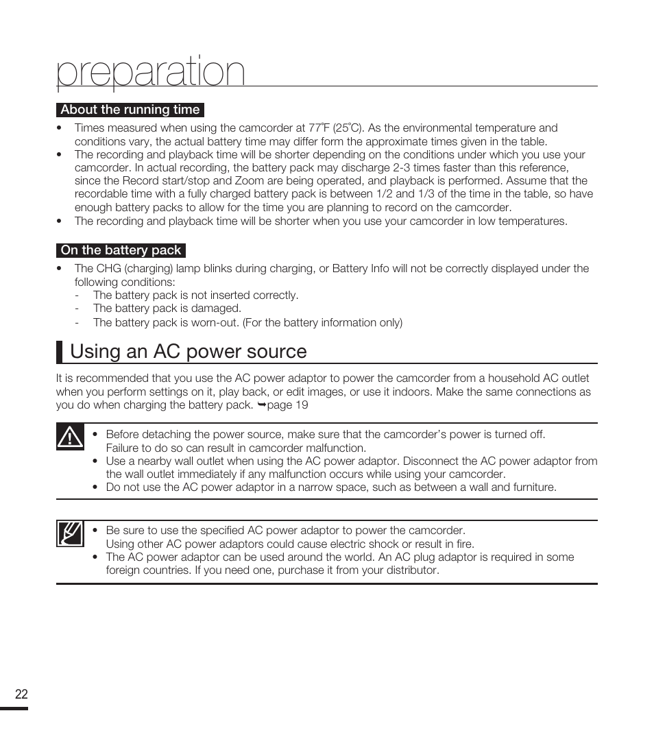 Preparation, Using an ac power source | Samsung SMX-F40RN-XAA User Manual | Page 34 / 131