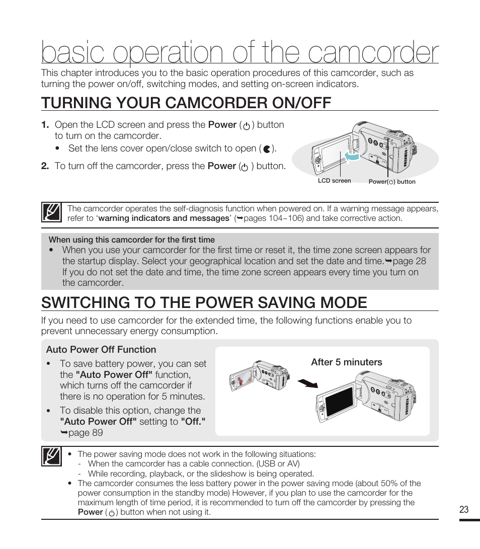 Basic operation of the camcorder, Turning your camcorder on/off, Switching to the power saving mode | Samsung SMX-F40RN-XAA User Manual | Page 35 / 131