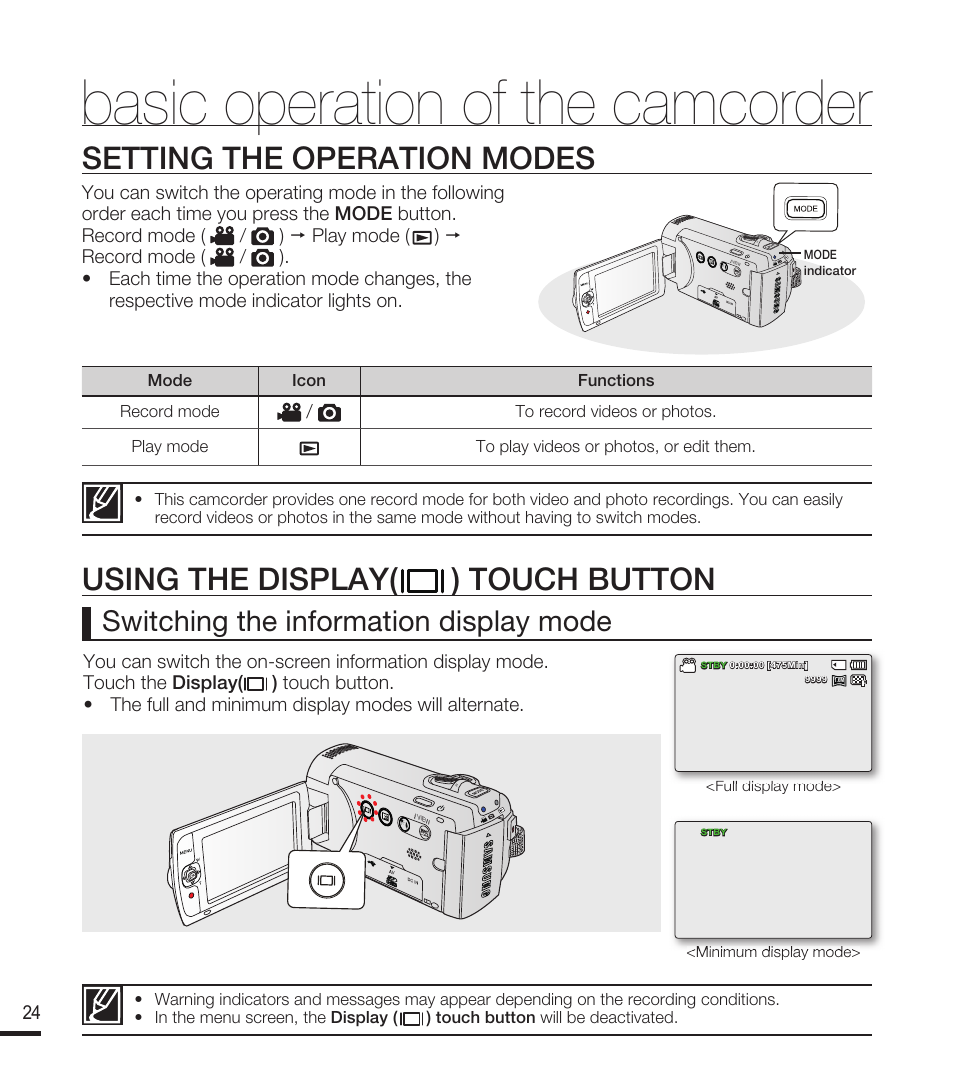 Setting the operation modes, Using the display touch button, Basic operation of the camcorder | Using the display( ) touch button, Switching the information display mode | Samsung SMX-F40RN-XAA User Manual | Page 36 / 131