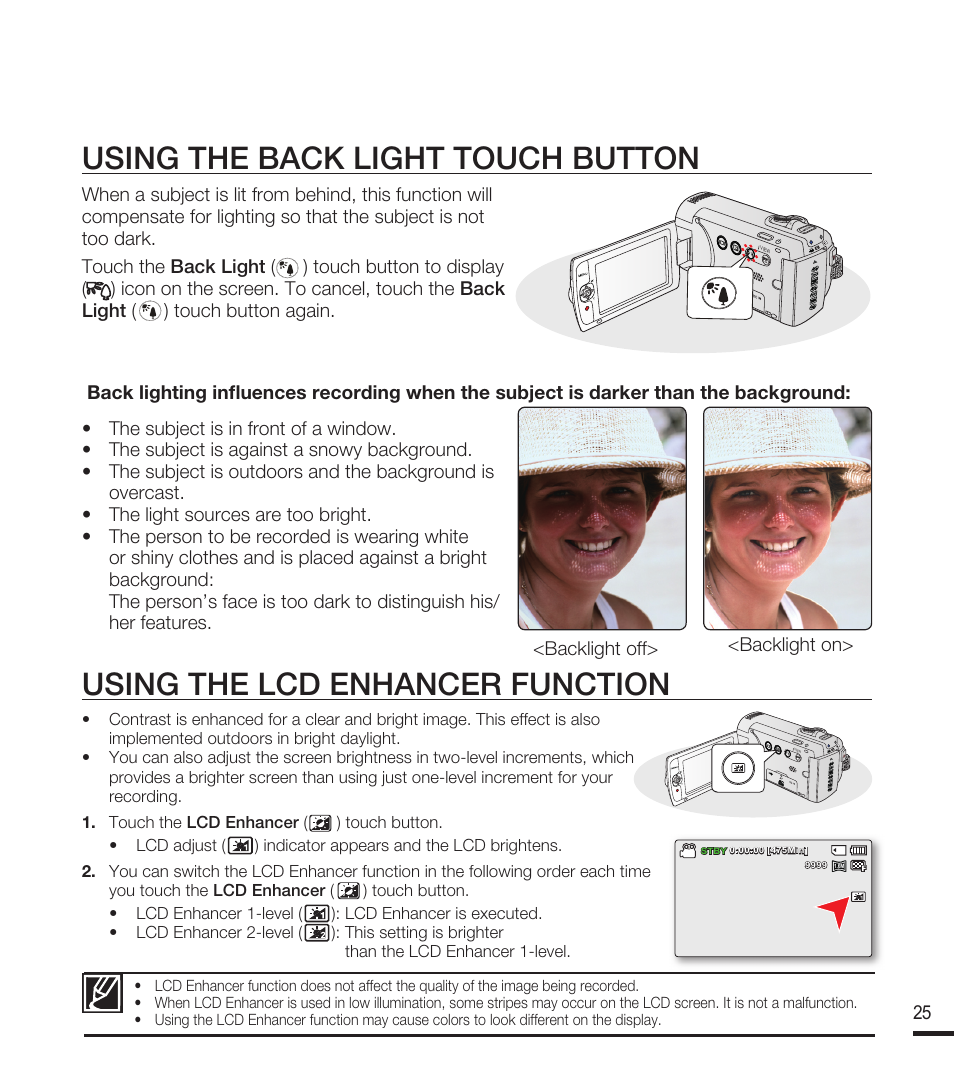 Using the back light touch button, Using the lcd enhancer function | Samsung SMX-F40RN-XAA User Manual | Page 37 / 131