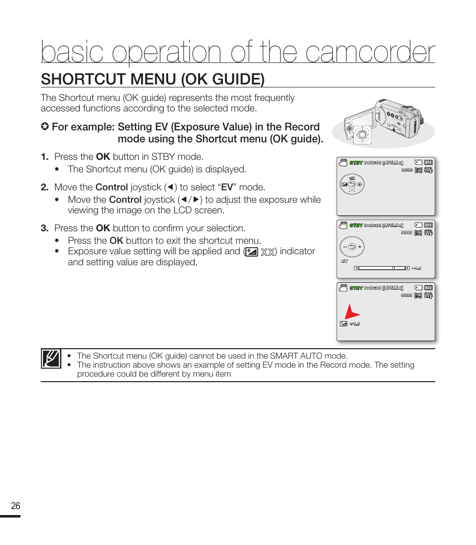 Shortcut menu (ok guide), Basic operation of the camcorder | Samsung SMX-F40RN-XAA User Manual | Page 38 / 131