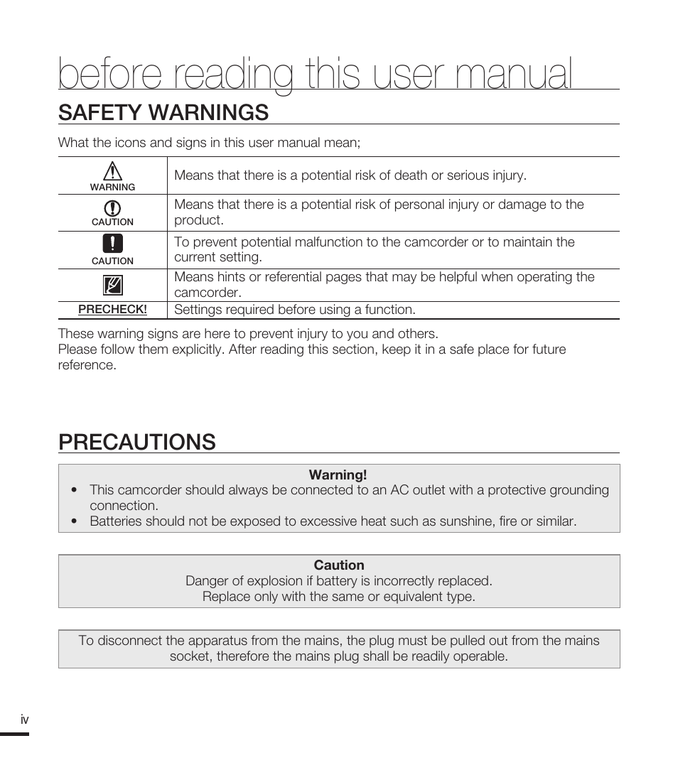 Before reading this user manual, Safety warnings, Precautions | Samsung SMX-F40RN-XAA User Manual | Page 4 / 131