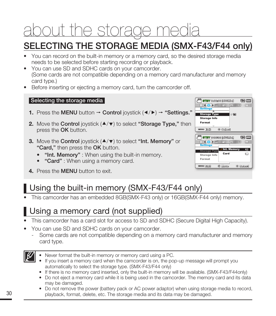 About the storage media, Selecting the storage media (smx-f43/f44 only) | Samsung SMX-F40RN-XAA User Manual | Page 42 / 131