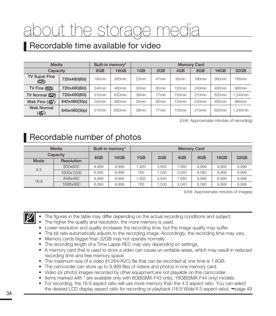 About the storage media | Samsung SMX-F40RN-XAA User Manual | Page 46 / 131