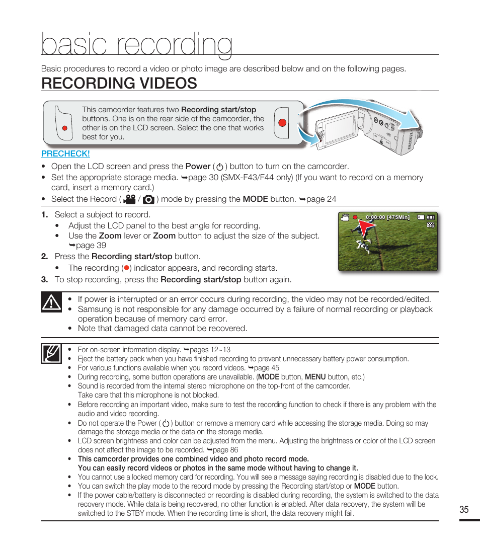 Basic recording, Recording videos | Samsung SMX-F40RN-XAA User Manual | Page 47 / 131