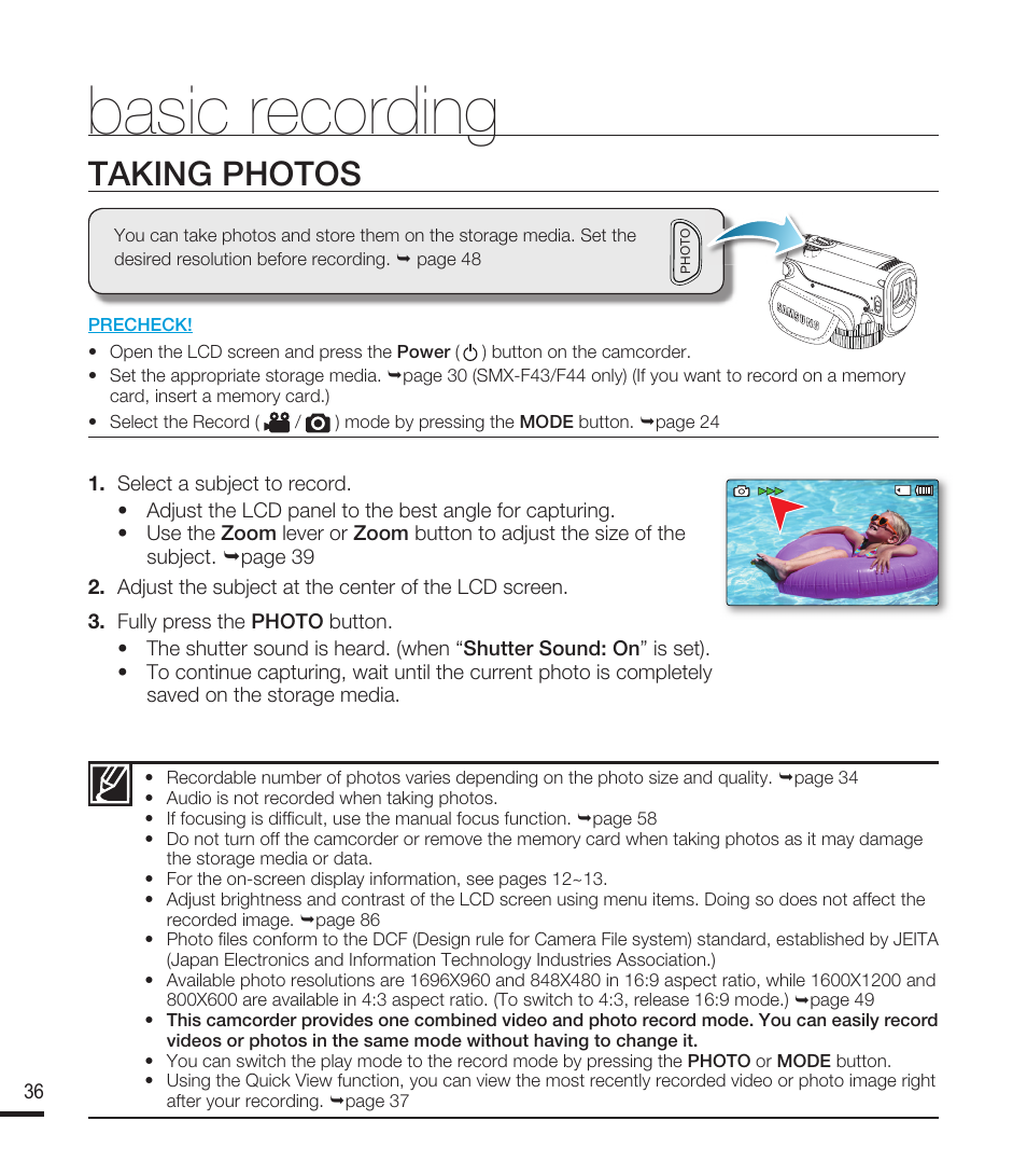 Taking photos, Basic recording | Samsung SMX-F40RN-XAA User Manual | Page 48 / 131