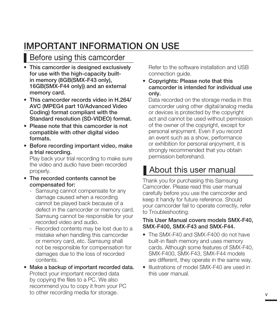 Important information on use, Before using this camcorder about this user manual | Samsung SMX-F40RN-XAA User Manual | Page 5 / 131