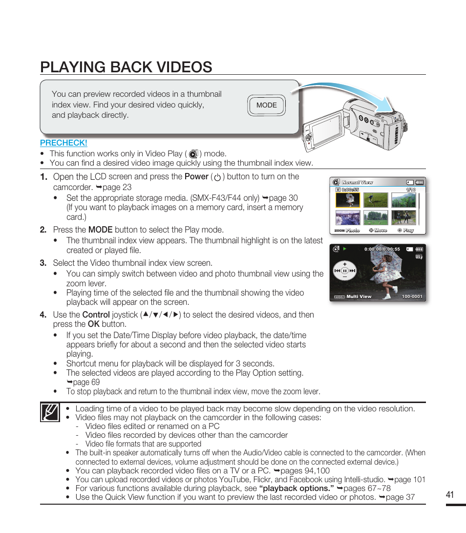 Playing back videos, Open the lc | Samsung SMX-F40RN-XAA User Manual | Page 53 / 131