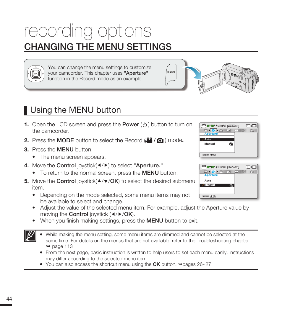 Recording options, Changing the menu settings, Using the menu button | Samsung SMX-F40RN-XAA User Manual | Page 56 / 131