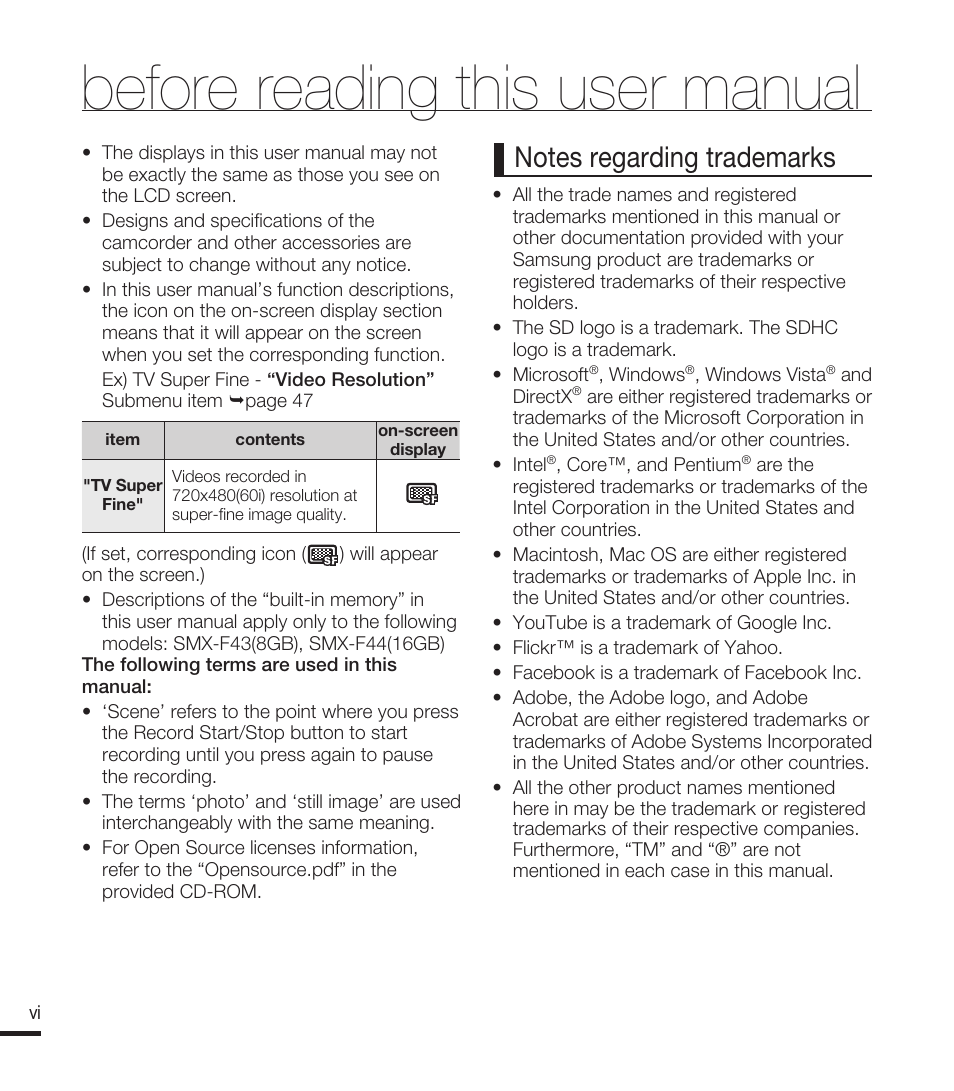 Before reading this user manual | Samsung SMX-F40RN-XAA User Manual | Page 6 / 131