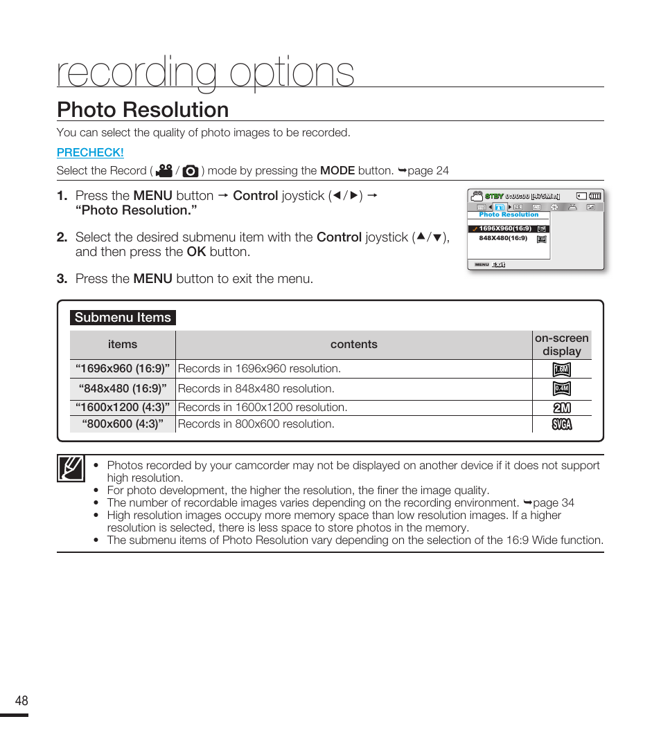 Photo resolution, Recording options | Samsung SMX-F40RN-XAA User Manual | Page 60 / 131