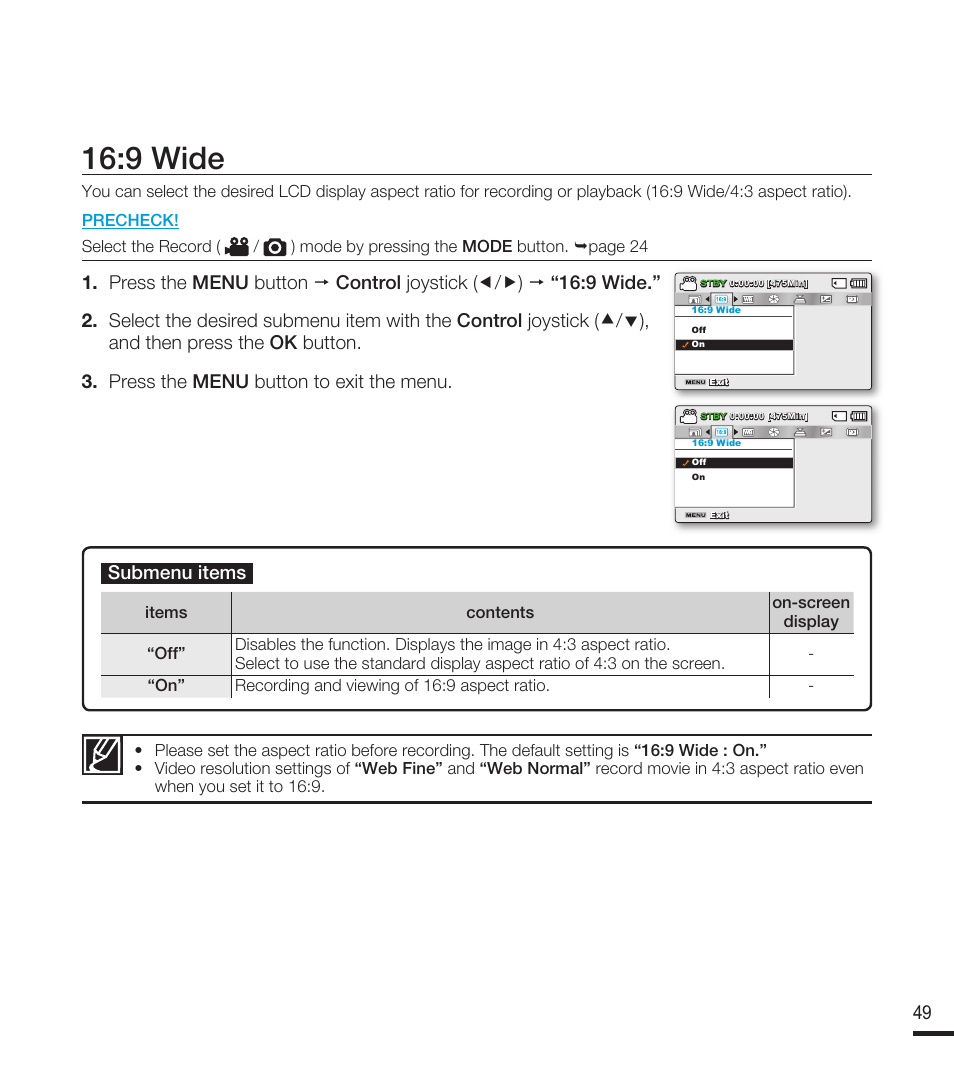 9 wide, 49 submenu items | Samsung SMX-F40RN-XAA User Manual | Page 61 / 131