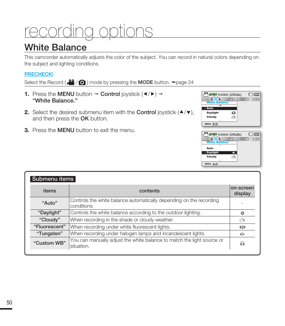 White balance, Recording options | Samsung SMX-F40RN-XAA User Manual | Page 62 / 131