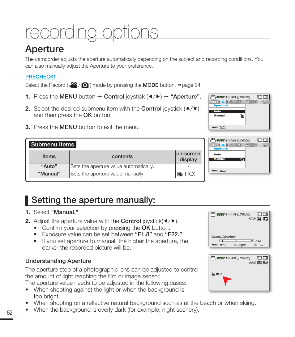 Aperture, Recording options, Setting the aperture manually | Submenu items | Samsung SMX-F40RN-XAA User Manual | Page 64 / 131