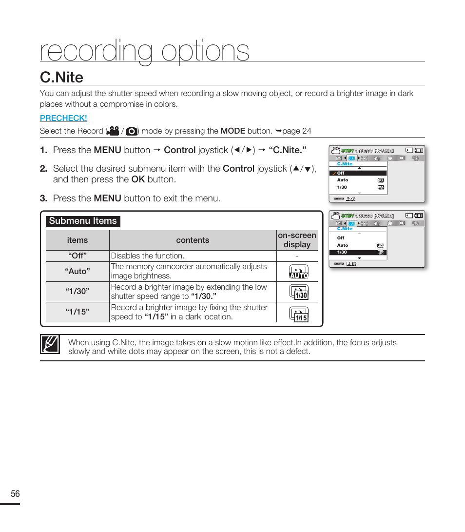 C.nite, Recording options | Samsung SMX-F40RN-XAA User Manual | Page 68 / 131