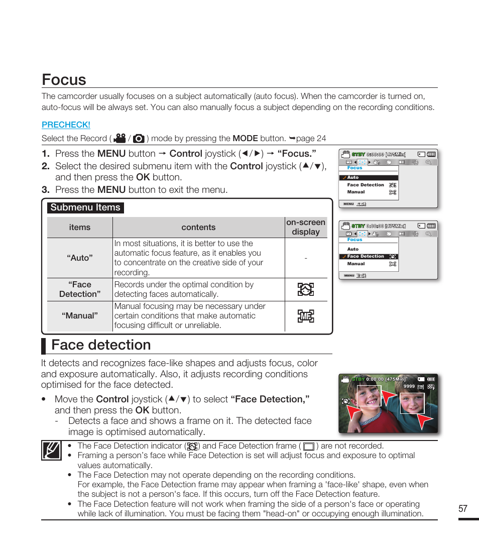 Focus, Face detection, Submenu items | Samsung SMX-F40RN-XAA User Manual | Page 69 / 131