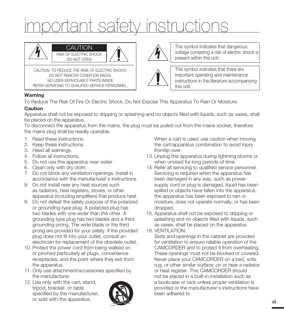 Important safety instructions, Caution | Samsung SMX-F40RN-XAA User Manual | Page 7 / 131