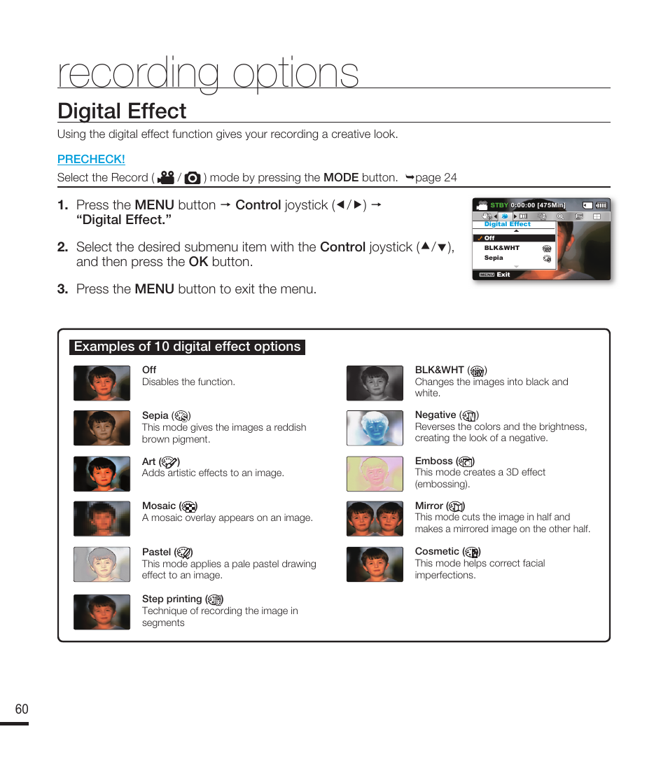 Digital effect, Recording options, Examples of 10 digital effect options | Samsung SMX-F40RN-XAA User Manual | Page 72 / 131