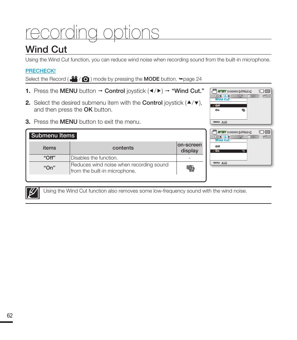 Wind cut, Recording options | Samsung SMX-F40RN-XAA User Manual | Page 74 / 131